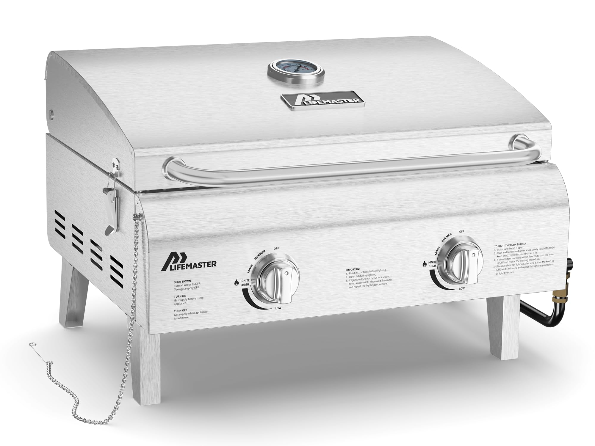 Lifemaster front view of stainless steel tabletop grill showing compact design and reliable performance
