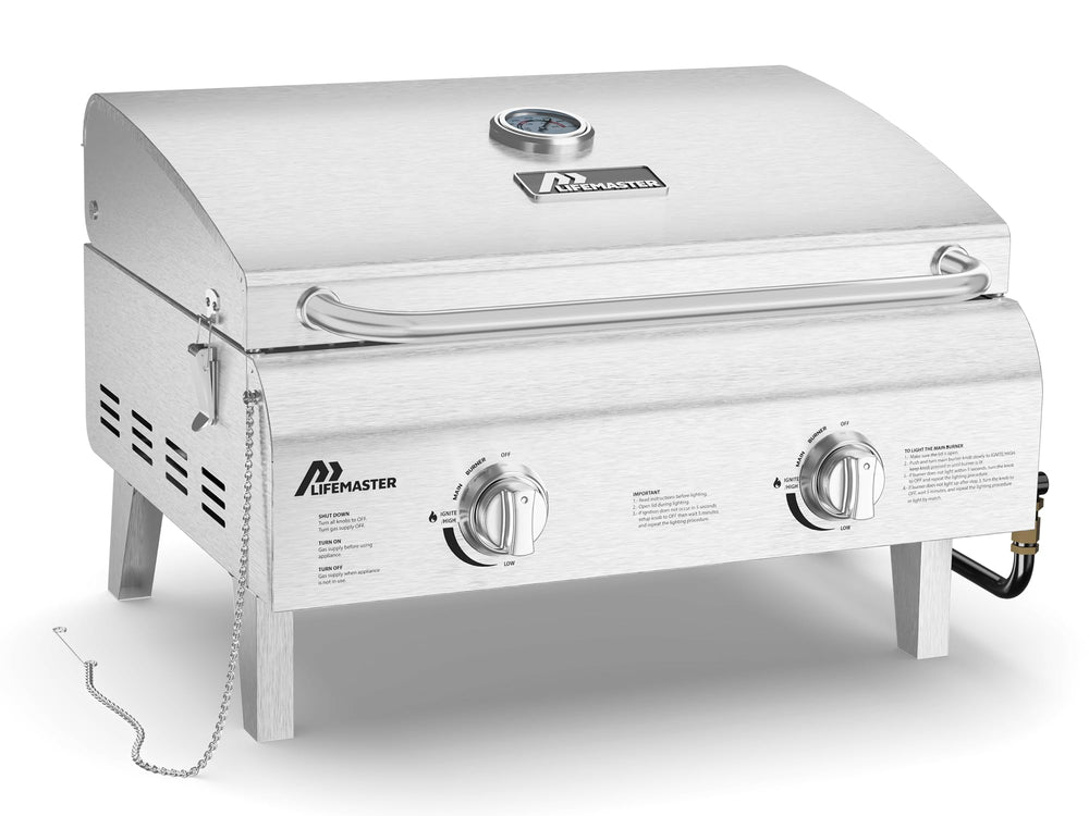 Lifemaster front view of stainless steel tabletop grill showing compact design and reliable performance