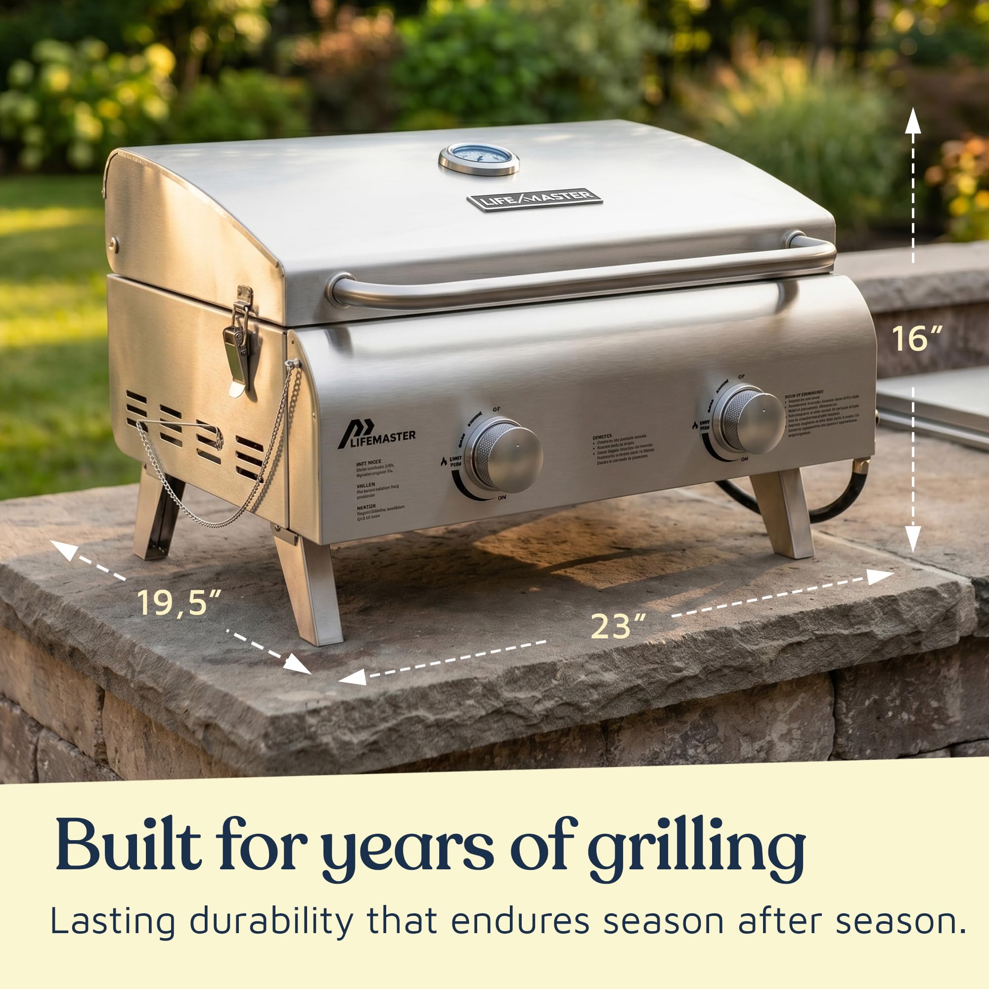 Lifemaster open lid with cooking grid visible, demonstrating roomy cooking surface and even heat