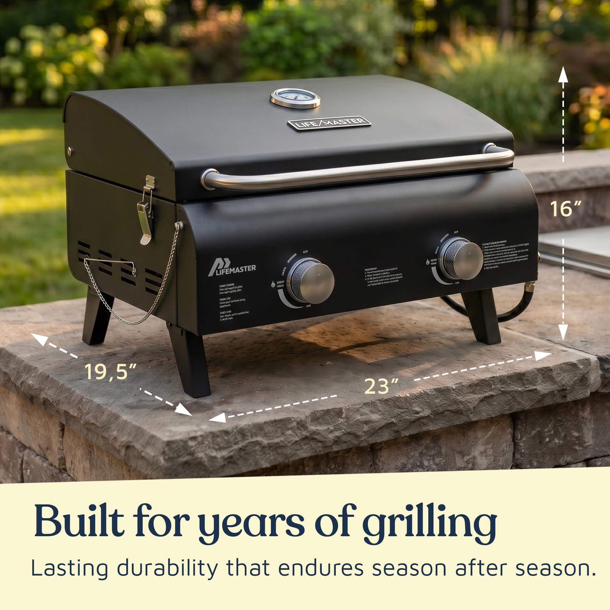 Lifemaster open lid revealing 275 sq. in. cooking area for versatile grilling