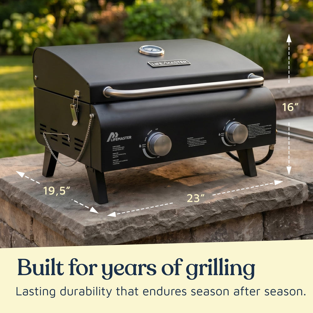 Lifemaster open lid revealing 275 sq. in. cooking area for versatile grilling
