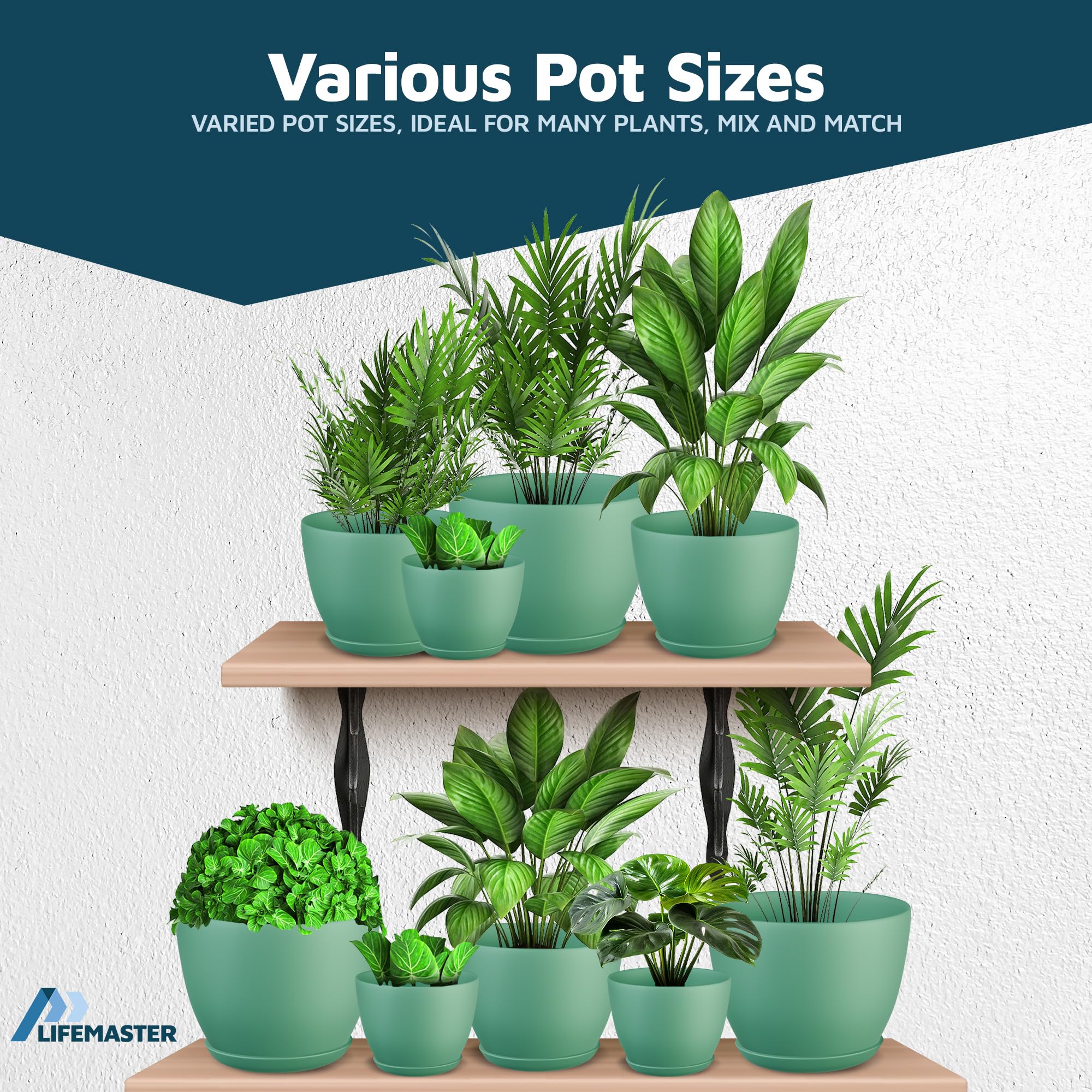 Lifemaster lineup comparing five pot sizes for different plant needs at a glance