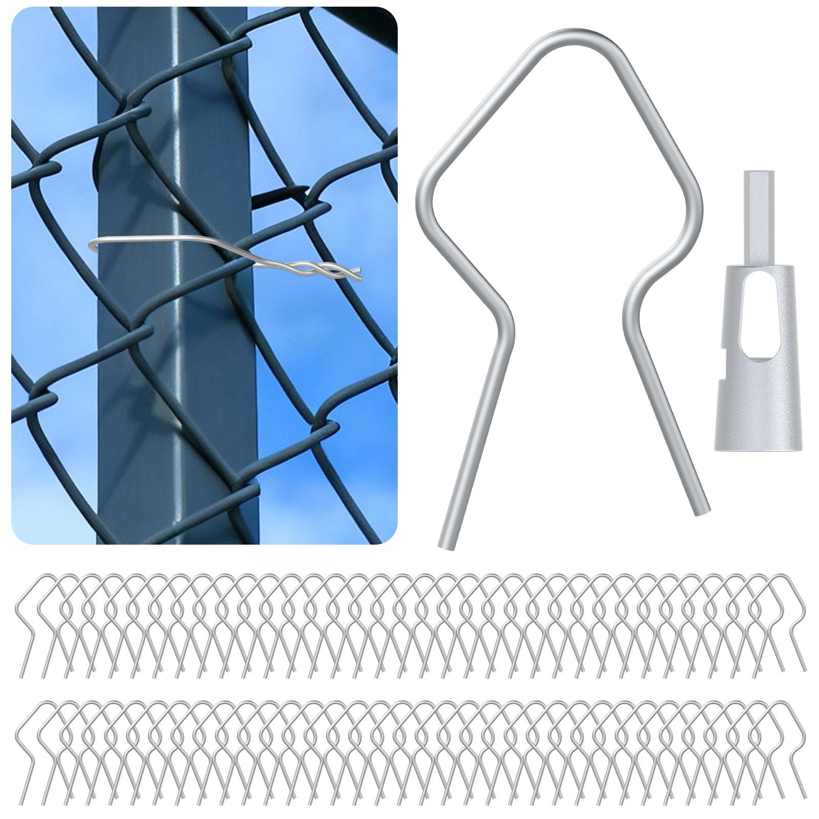 LIFENCE front pack of 400 T-post clips showing quantity and tool, clear storage benefit