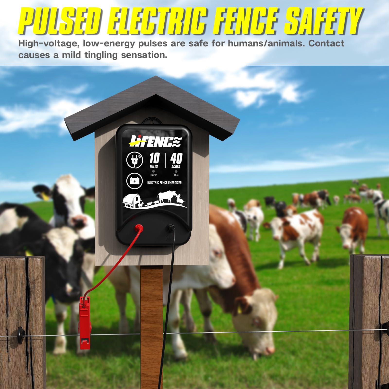LIFENCE energizer mounted on post in a field delivering reliable perimeter power