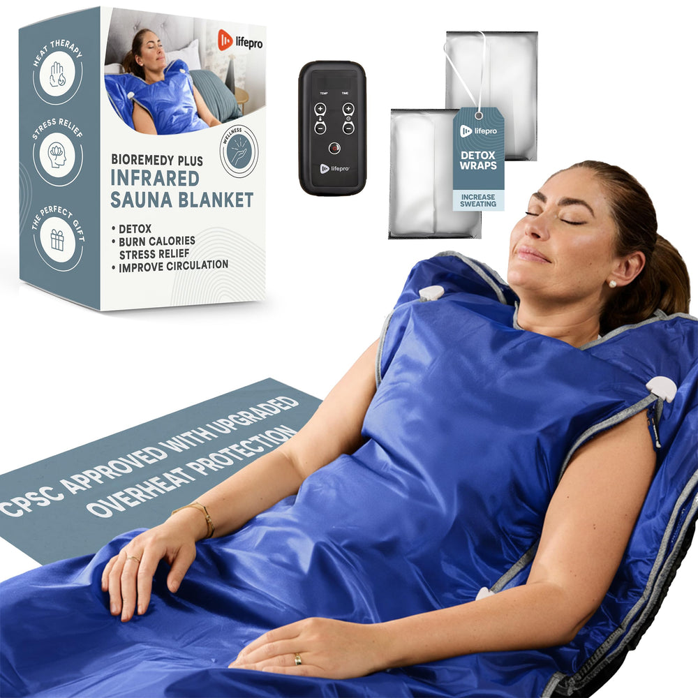 LifePro front view of sauna blanket showing zippered design and size benefit