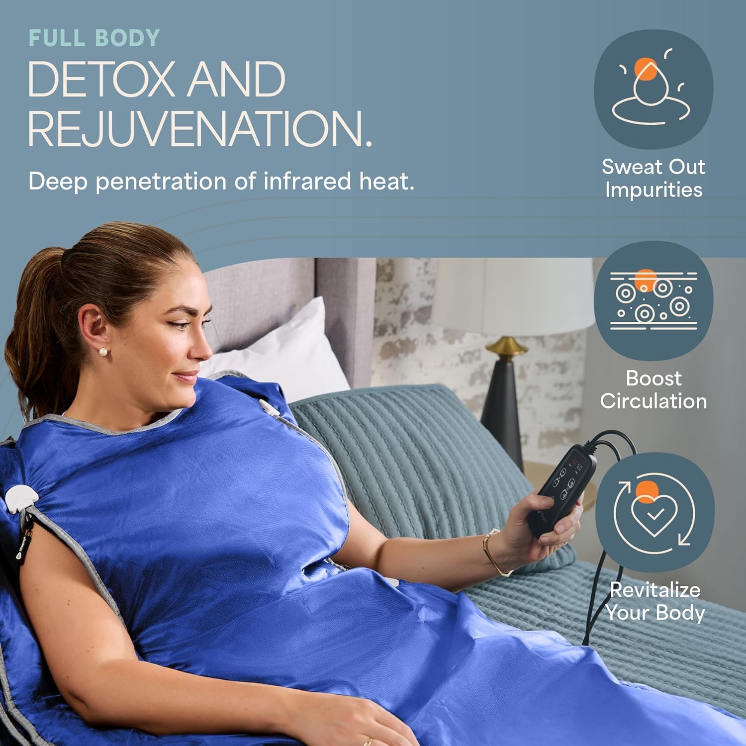 LifePro user reclining in blanket in living room showing at-home relaxation benefit