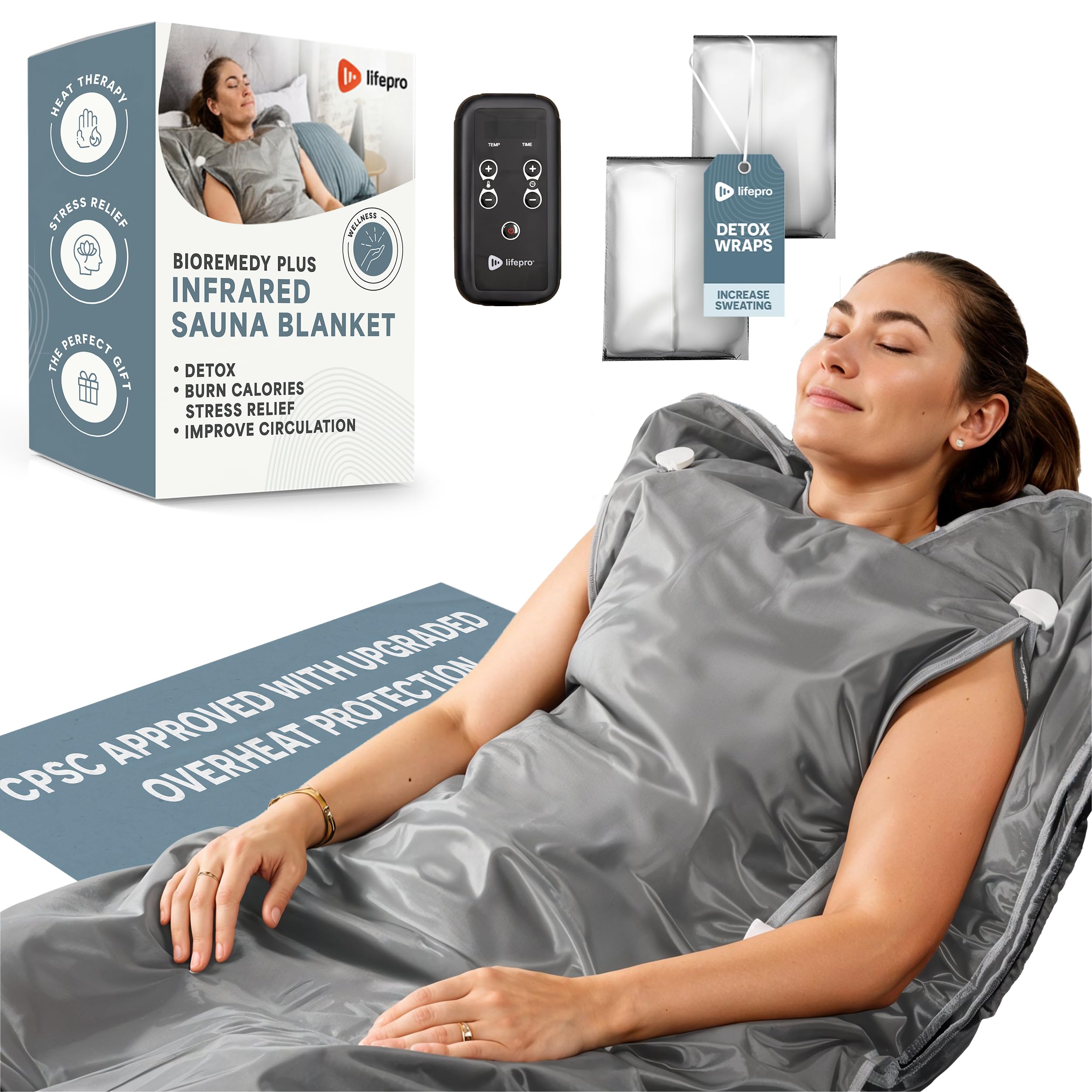 LifePro BioRemedy Plus front view showing full blanket and zipper for easy access
