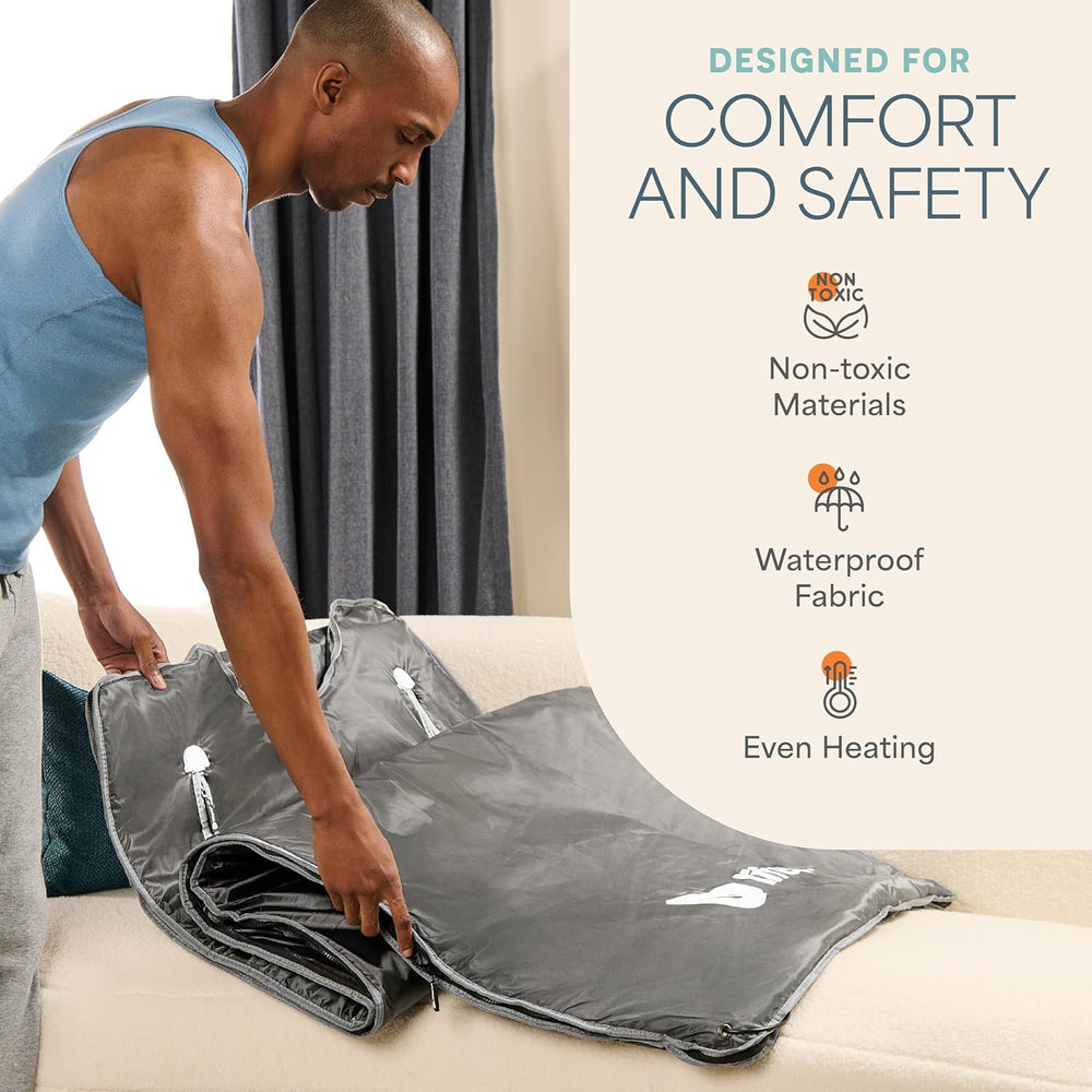 LifePro person lying inside blanket demonstrating full-body coverage and comfortable relaxation