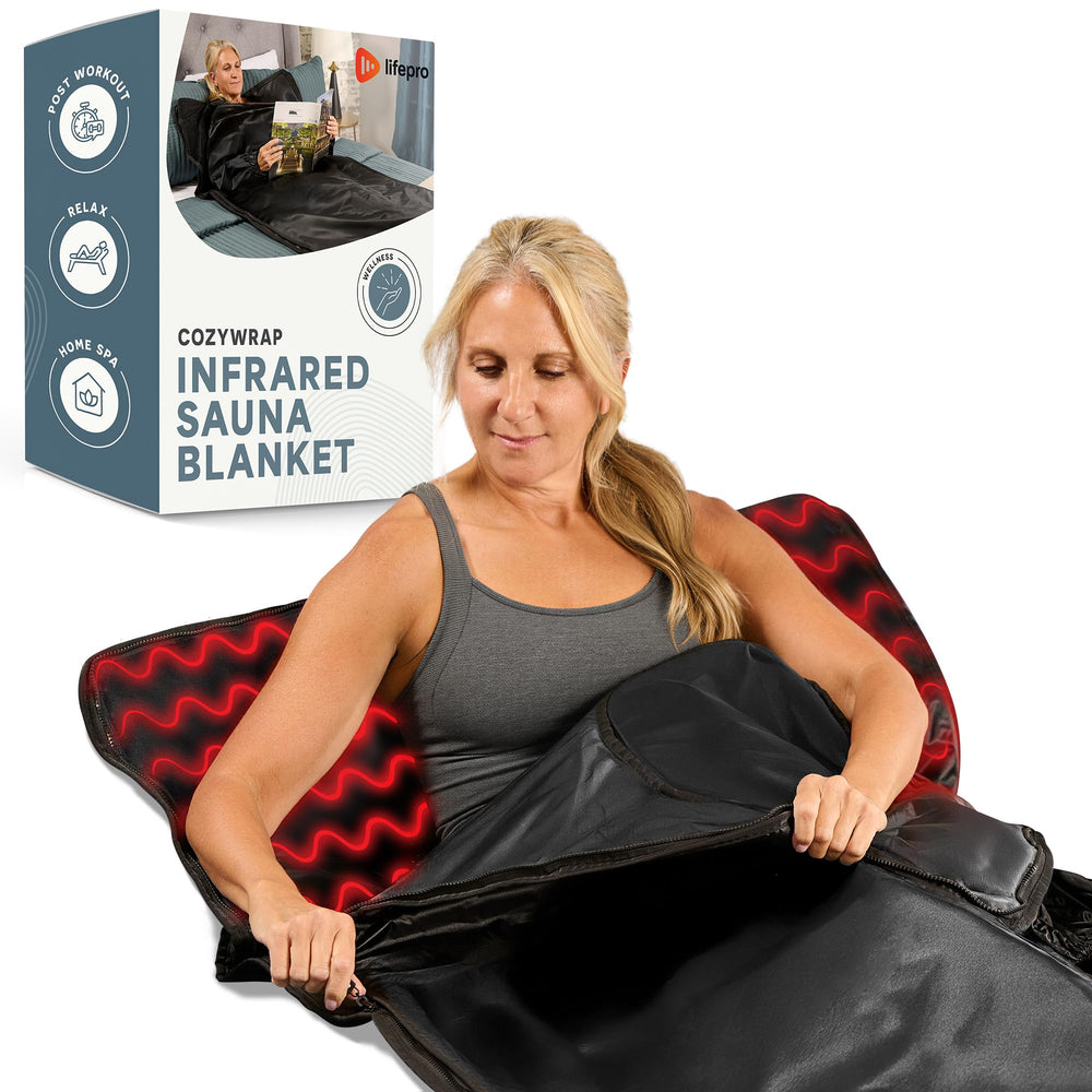 LifePro front view of sauna blanket showing compact design and easy setup benefits