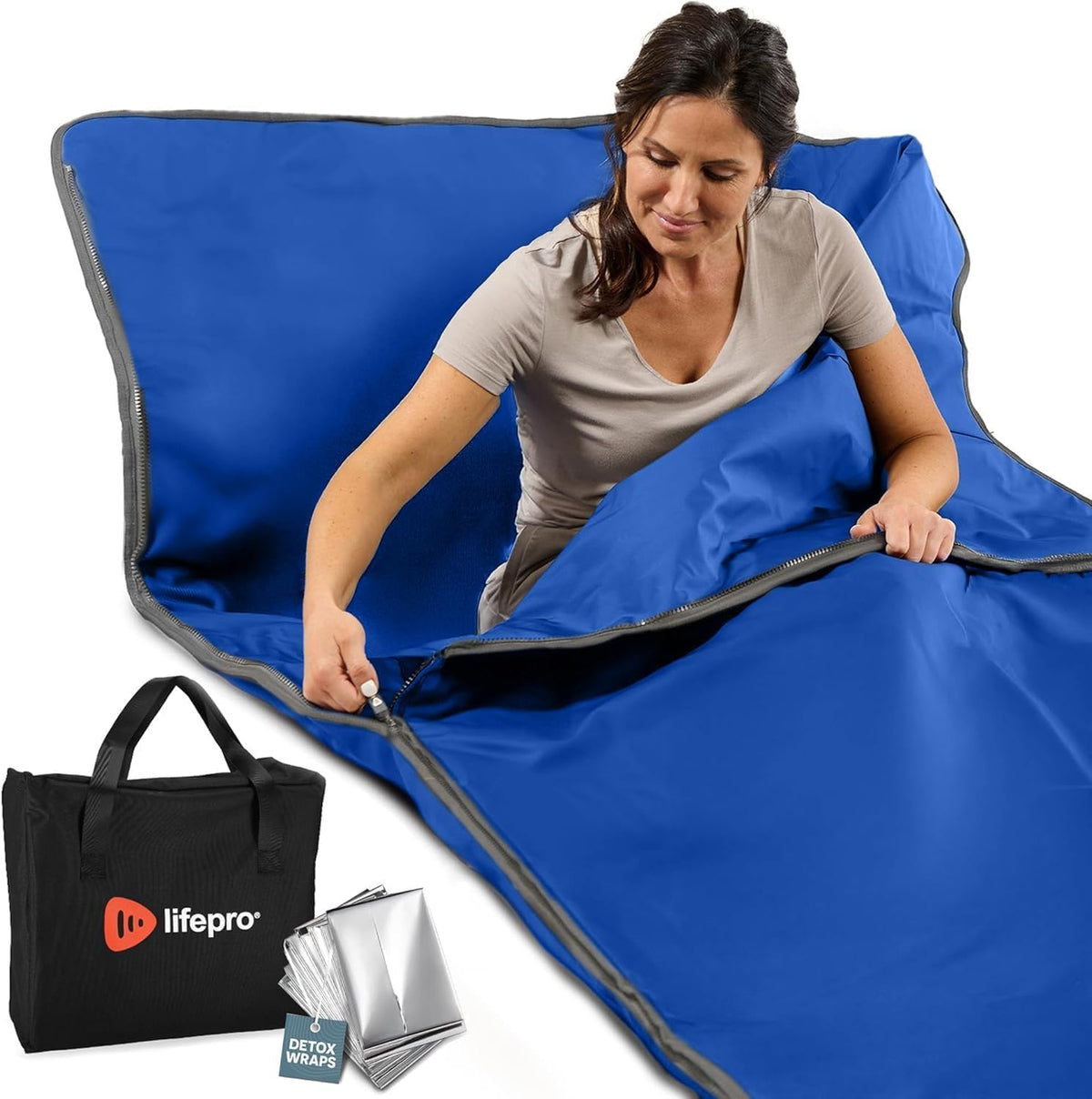 LifePro RejuvaWrap front view closed showing compact portable sauna benefits