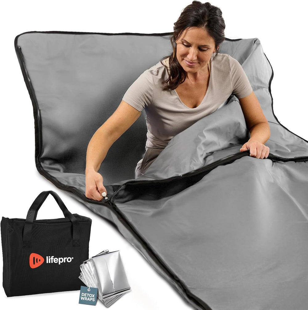 LifePro RejuvaWrap front view showing full-body blanket and zipper, convenient setup benefit