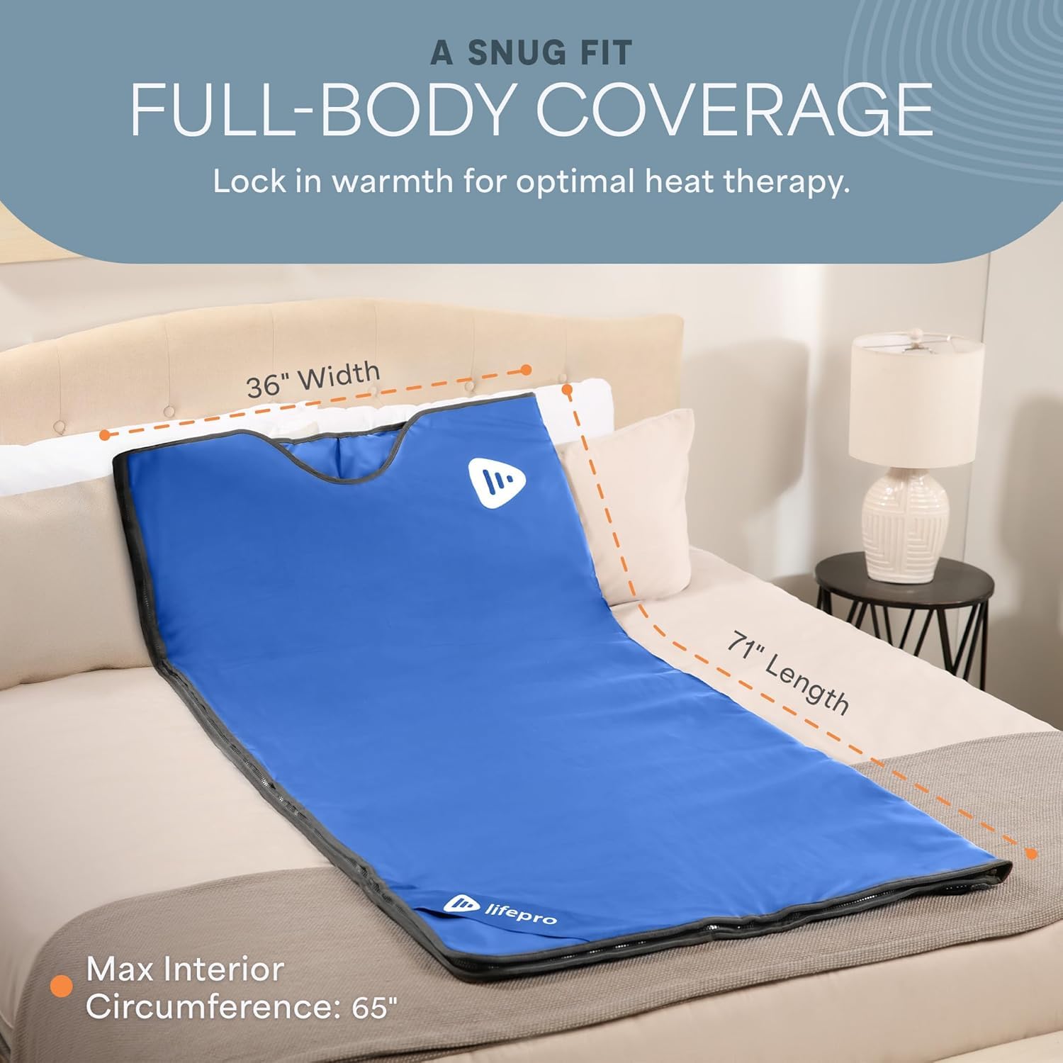 LifePro RejuvaWrap on mattress showing full-body fit and scale benefit