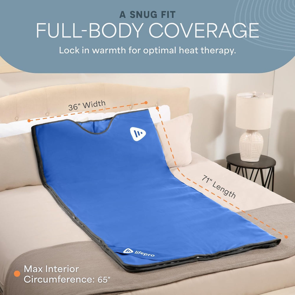 LifePro RejuvaWrap on mattress showing full-body fit and scale benefit