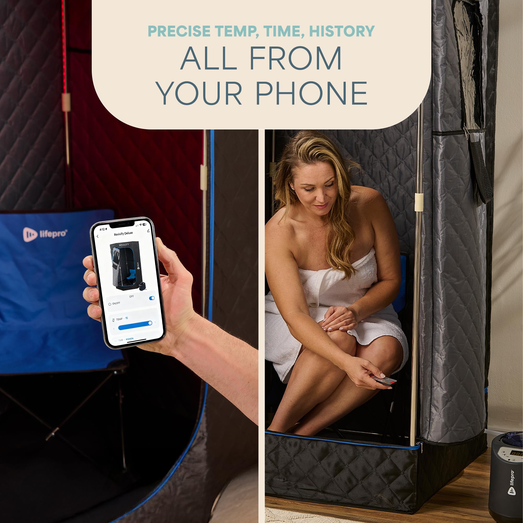 LifePro Revivify placed beside a sauna tent demonstrating portable at-home steam setup