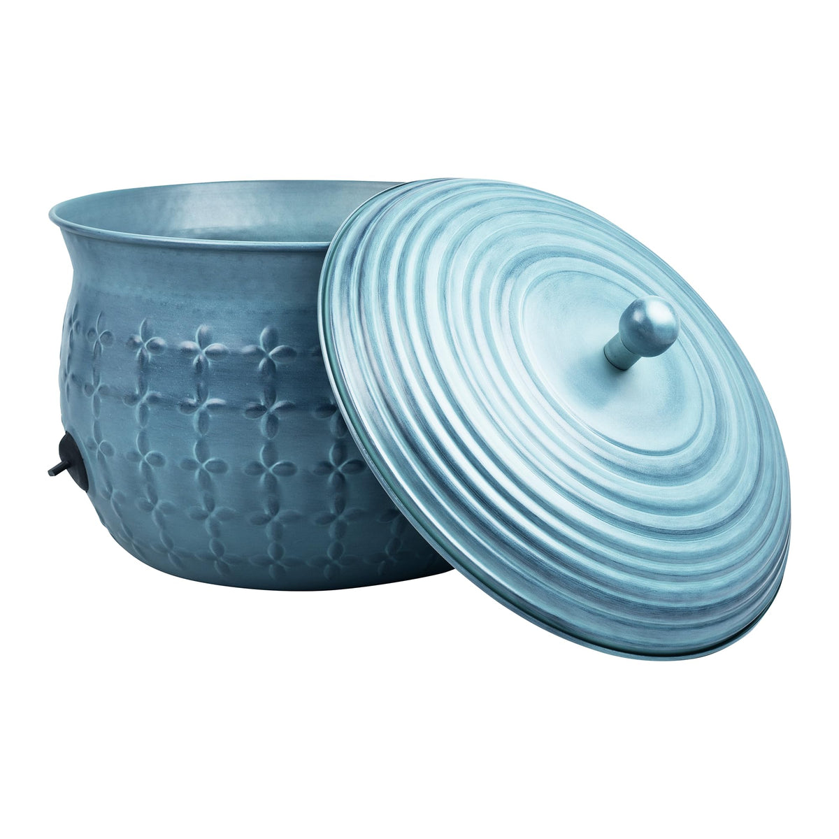 LifeSmart front view of antique light green hose pot shows tidy outdoor storage and style