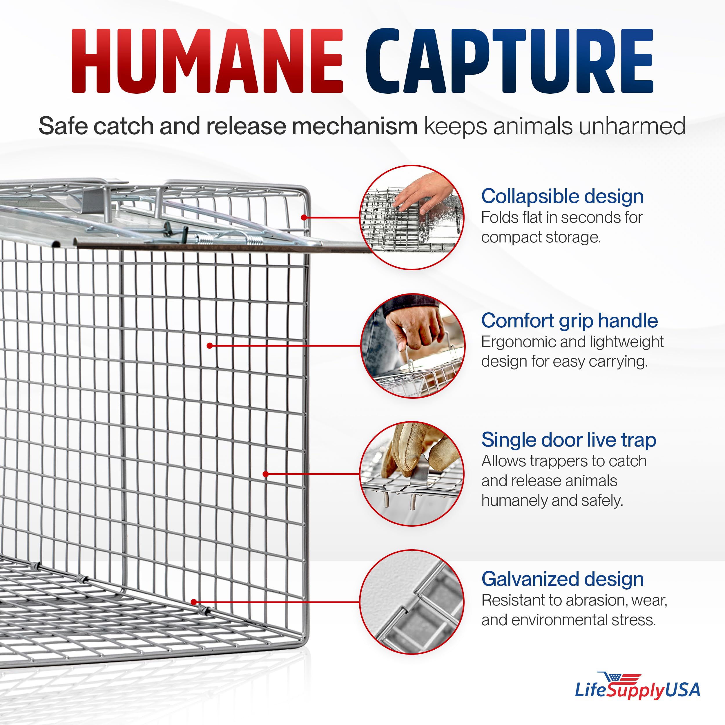 LifeSupplyUSA close-up of trap door and lock demonstrating secure capture benefit