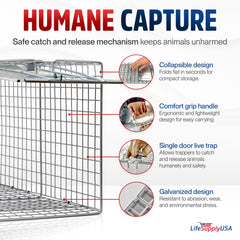 LifeSupplyUSA close-up of trap door and lock demonstrating secure capture benefit