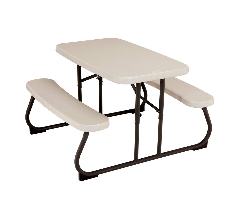 LIFETIME front view of kids picnic table showing sturdy seating and tabletop benefit: stable play space