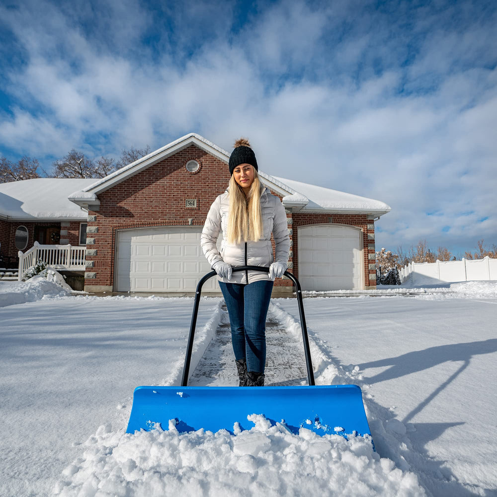 LIFETIME snow pusher clearing a driveway quickly, reducing passes and effort