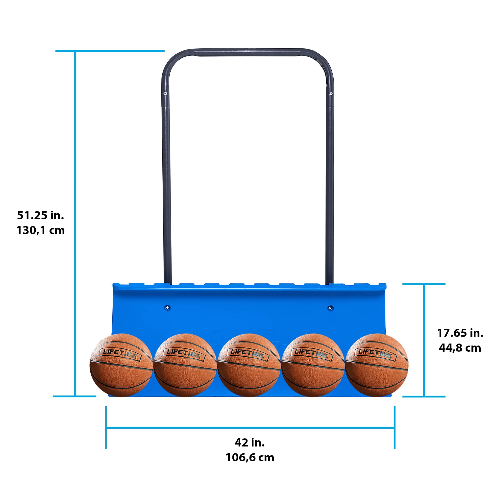 LIFETIME snow pusher beside a shovel showing larger coverage per push advantage