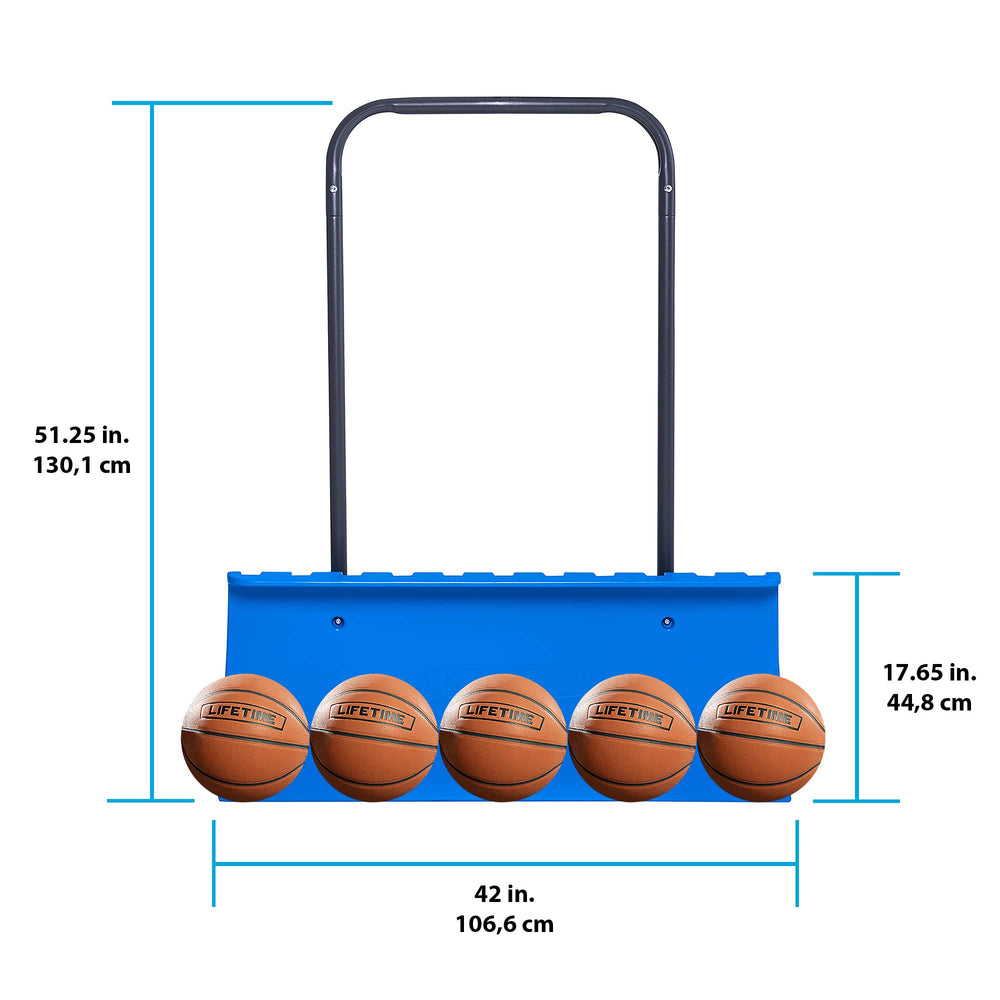 LIFETIME snow pusher beside a shovel showing larger coverage per push advantage