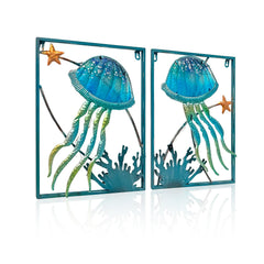 LIFFY front view of two blue jellyfish wall sculptures showing coastal charm