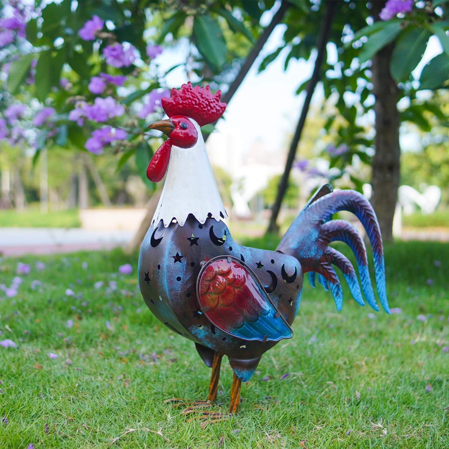 LIFFY front view of metal rooster showing colorful painted detail and solar glow