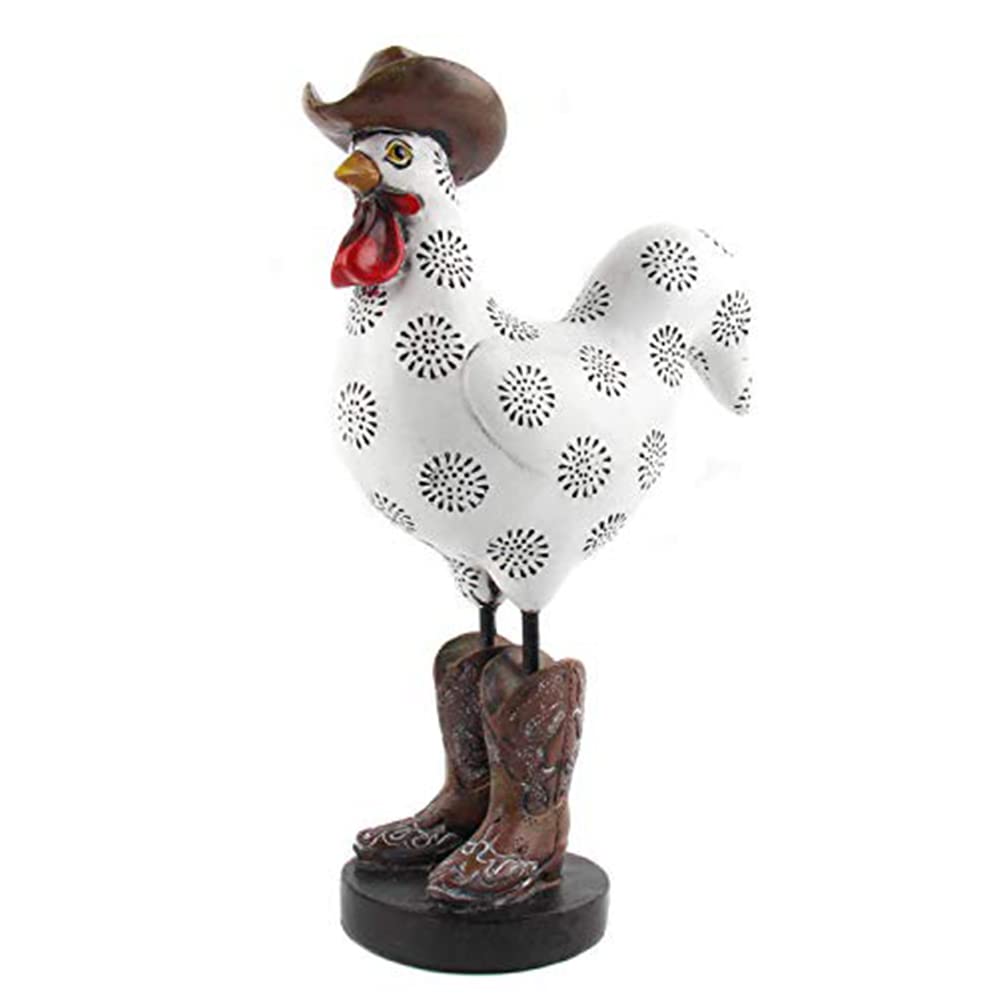 LIFFY front view of rooster statue showing characterful denim outfit and welcome appeal