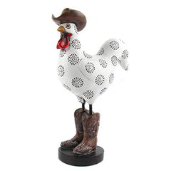 LIFFY front view of rooster statue showing characterful denim outfit and welcome appeal