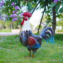 LIFFY front view of metal rooster showing colorful painted detail and solar glow
