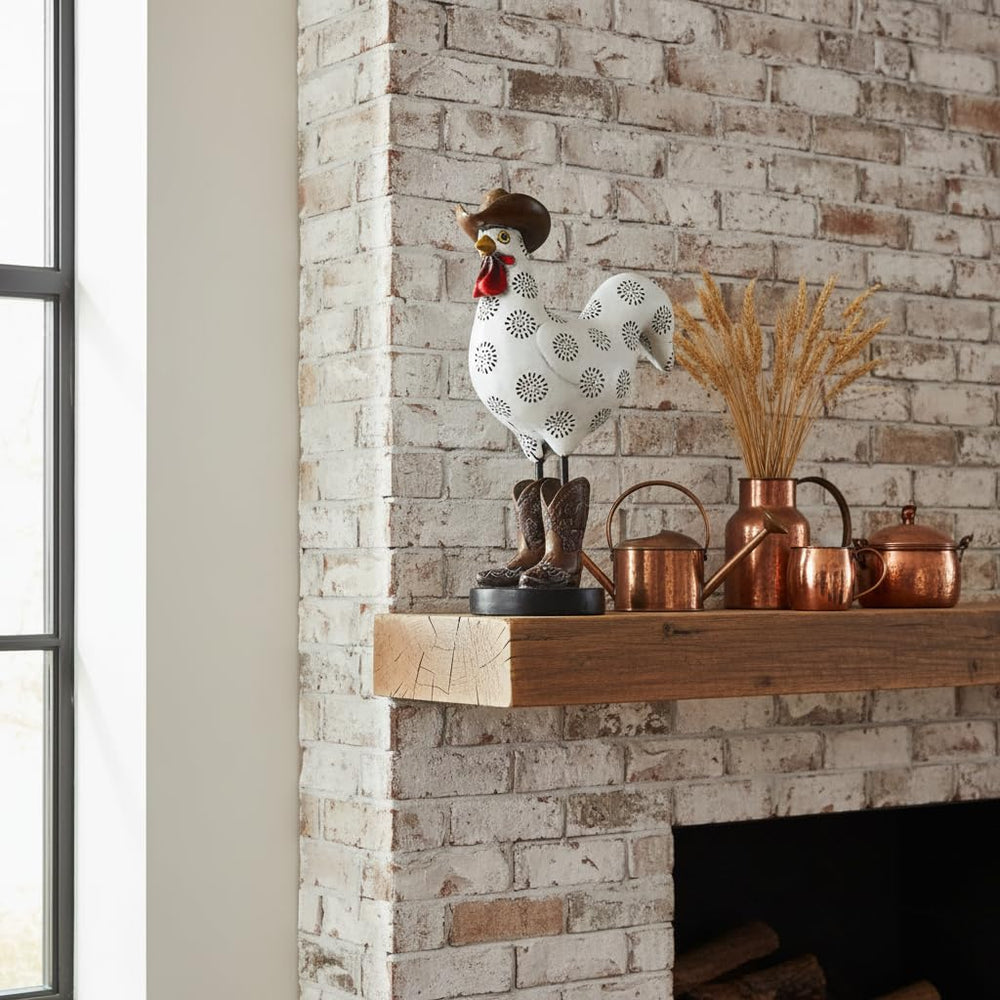 LIFFY rooster on patio table adding whimsical focal point to outdoor seating area