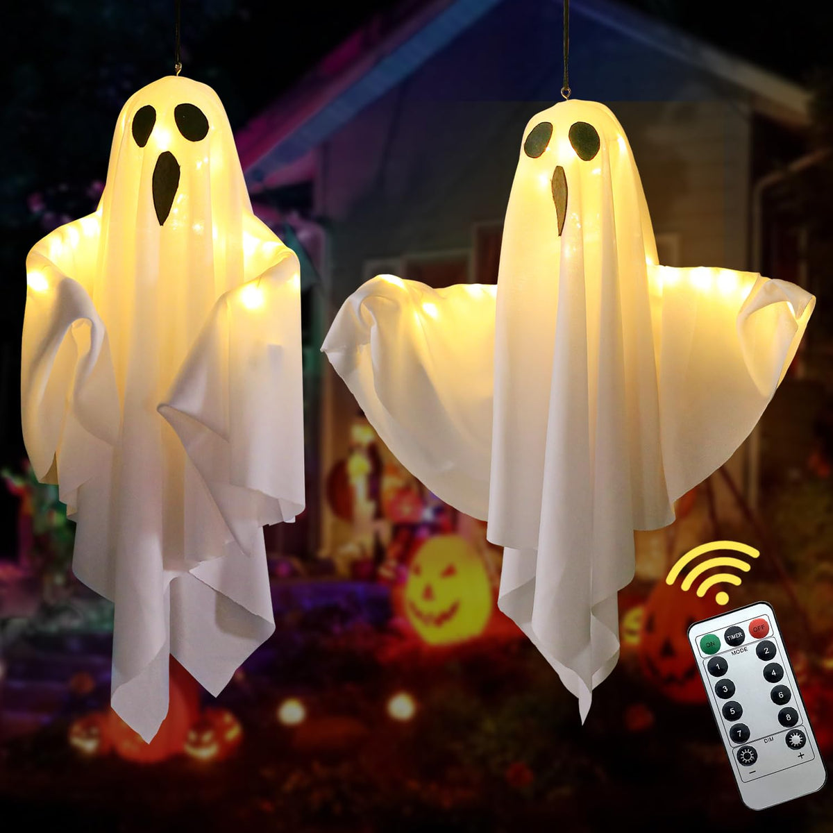 Lifnatty front view of two hanging ghost lights showing spooky glow and easy setup