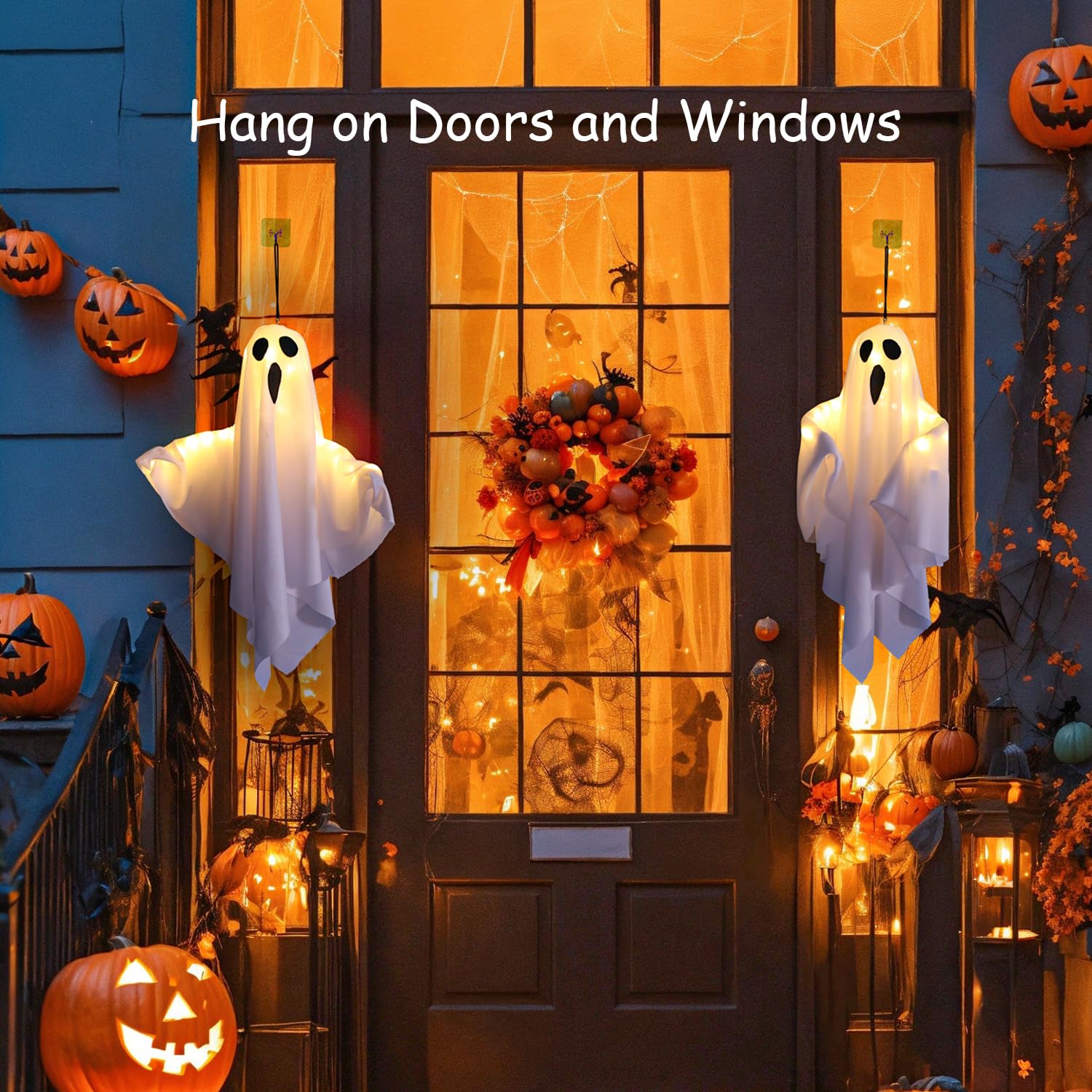 Lifnatty ghosts hanging on porch demonstrating atmospheric outdoor Halloween decorating