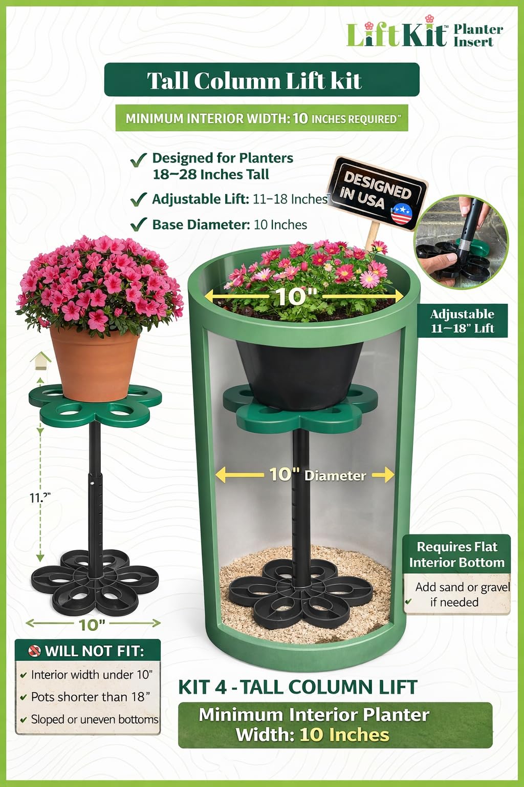 Lift Kit Planter Insert close-up of telescoping pole for adjustable height benefit