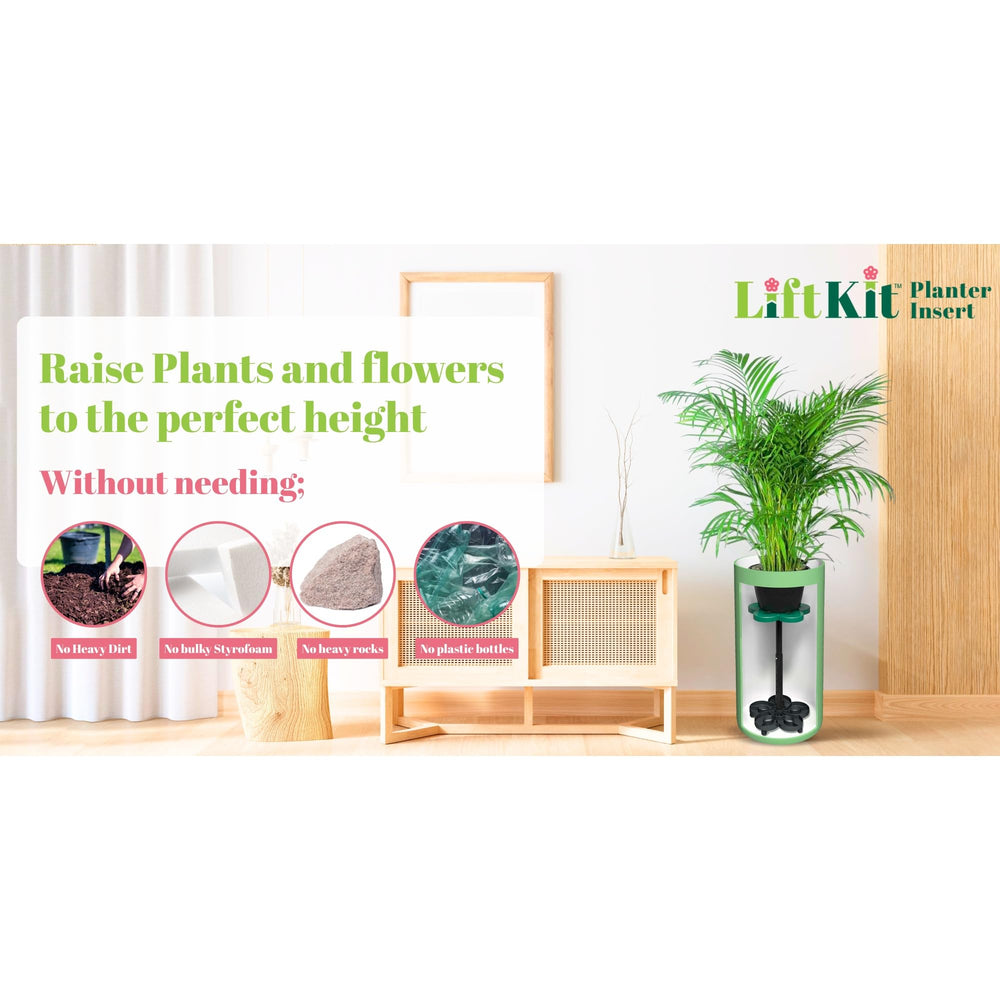 Lift Kit Planter Insert beside ruler showing 11–17 inch rise for correct sizing