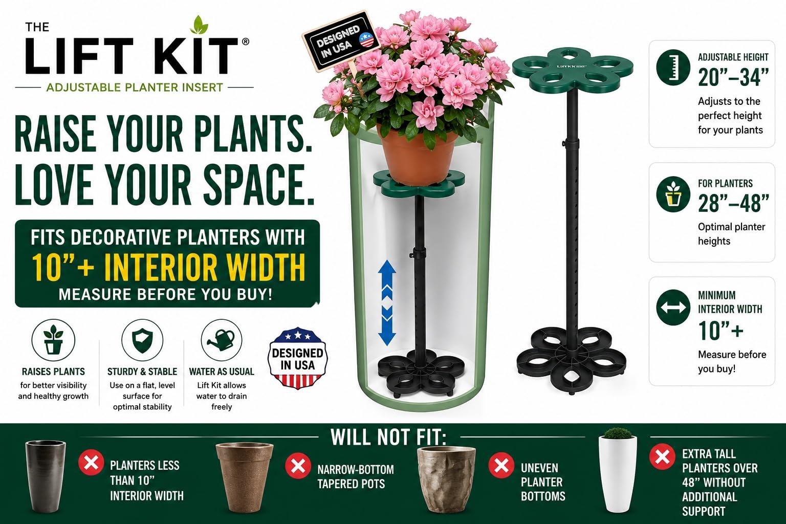 Lift Kit Planter Insert base detail highlighting polycarbonate strength and drainage support