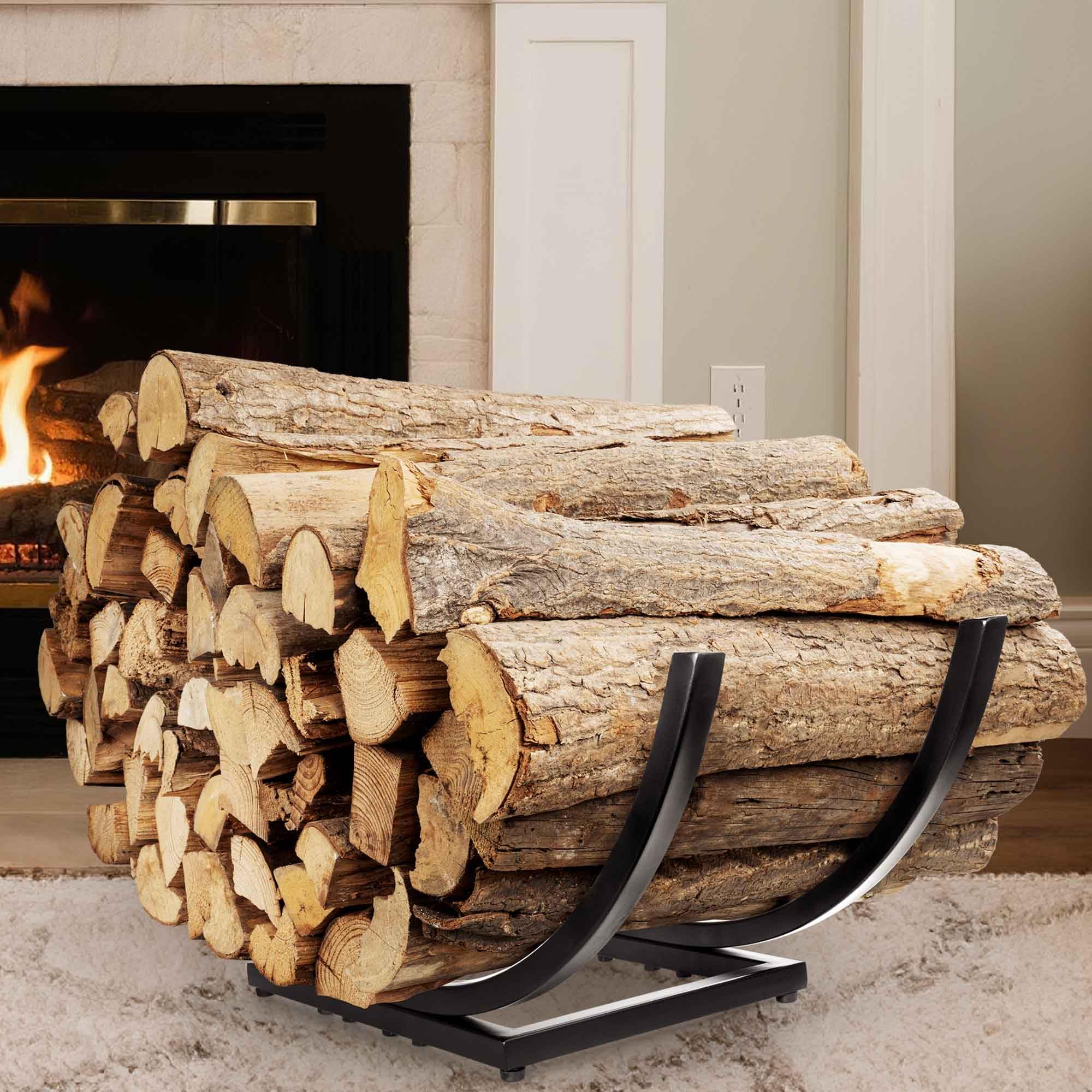 Lifyzoon front view of curved firewood rack showing sleek silhouette and tidy storage