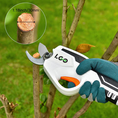LIGO pruning shear cutting a branch in-hand demonstrating quick cordless convenience