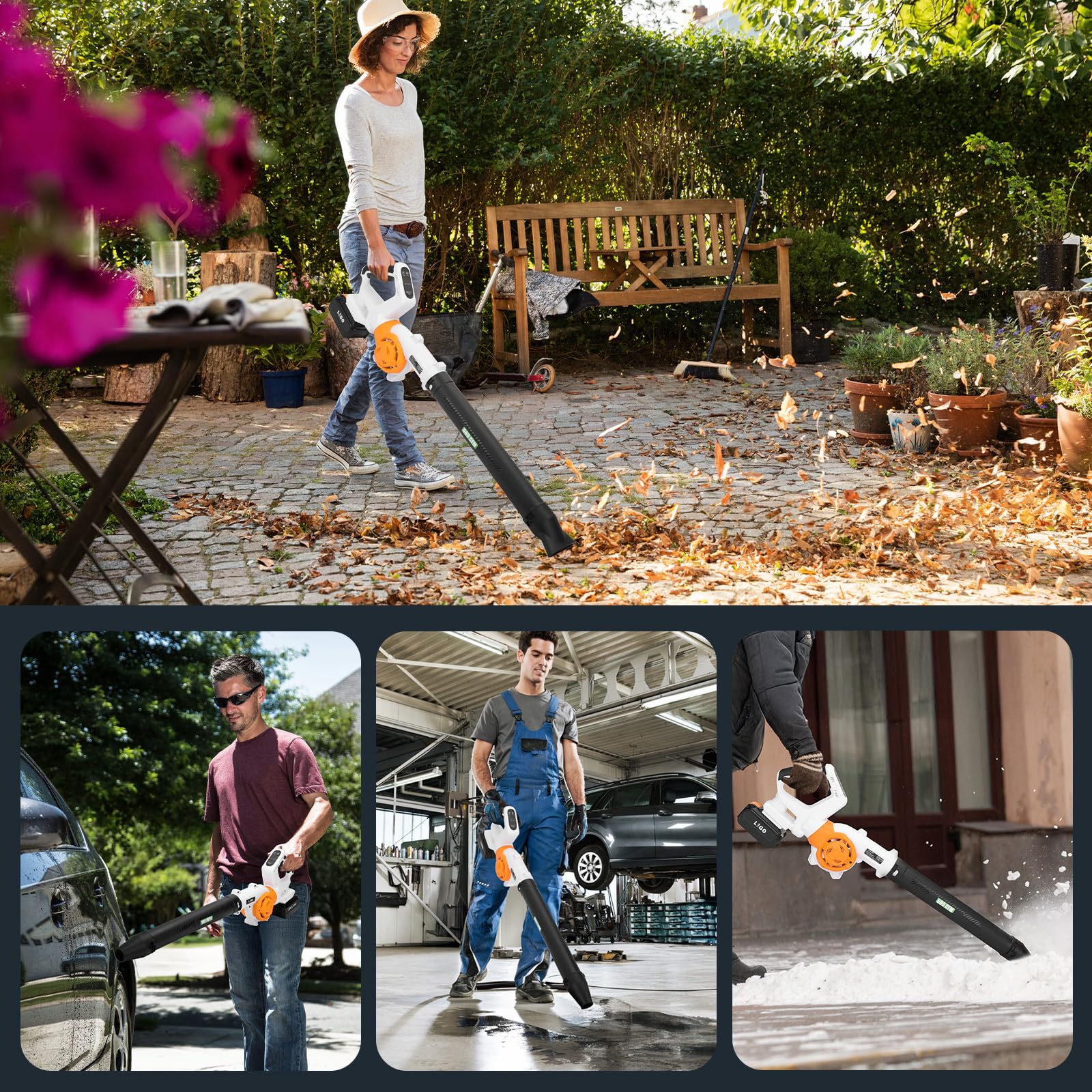 LIGO blower in use clearing driveway leaves for faster yard cleanup