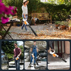 LIGO blower in use clearing driveway leaves for faster yard cleanup