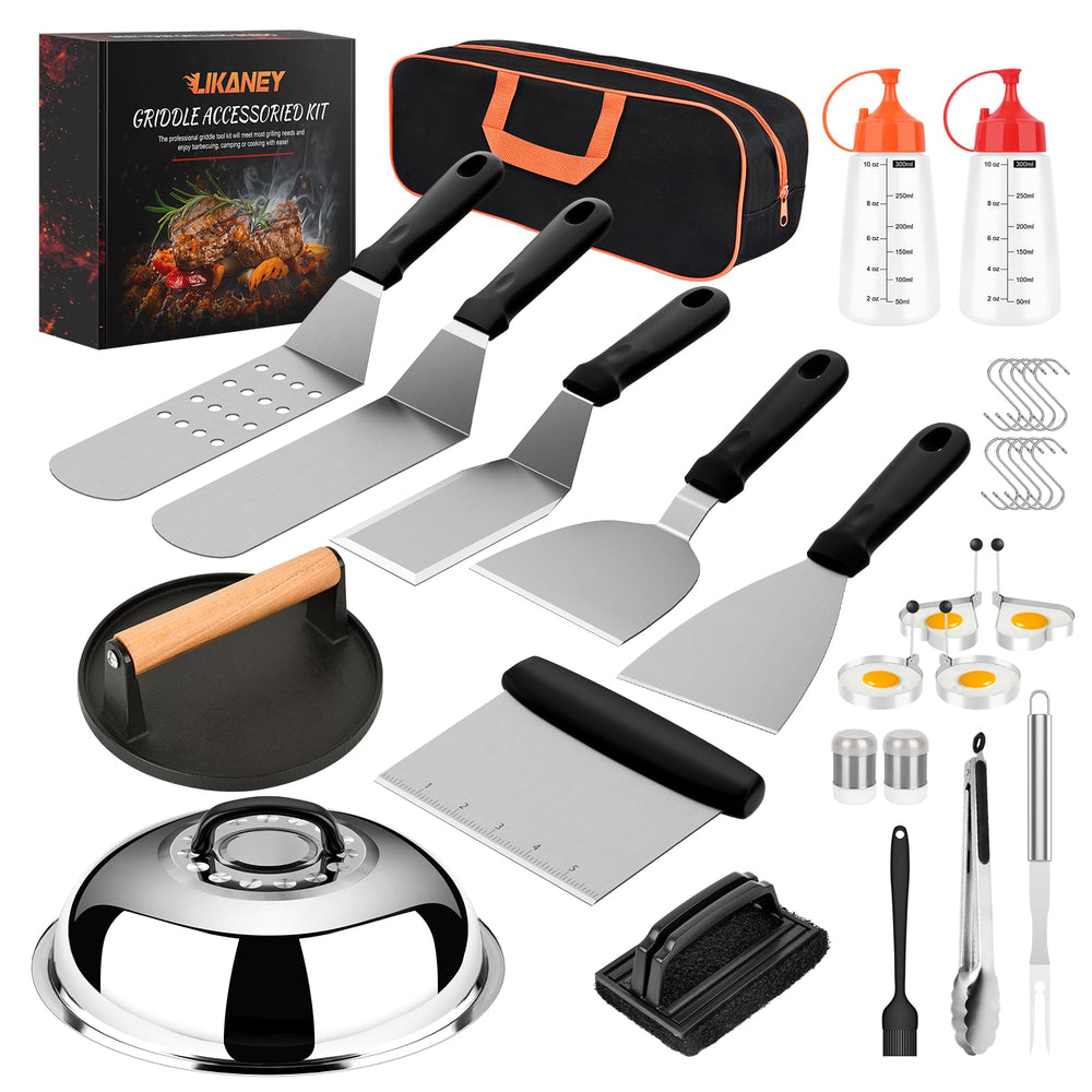 Likaney full griddle accessories kit laid out, showing all 31 pieces and organized storage benefit