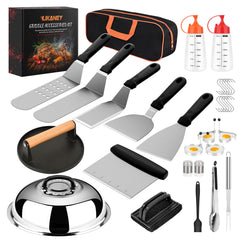 Likaney full griddle accessories kit laid out, showing all 31 pieces and organized storage benefit