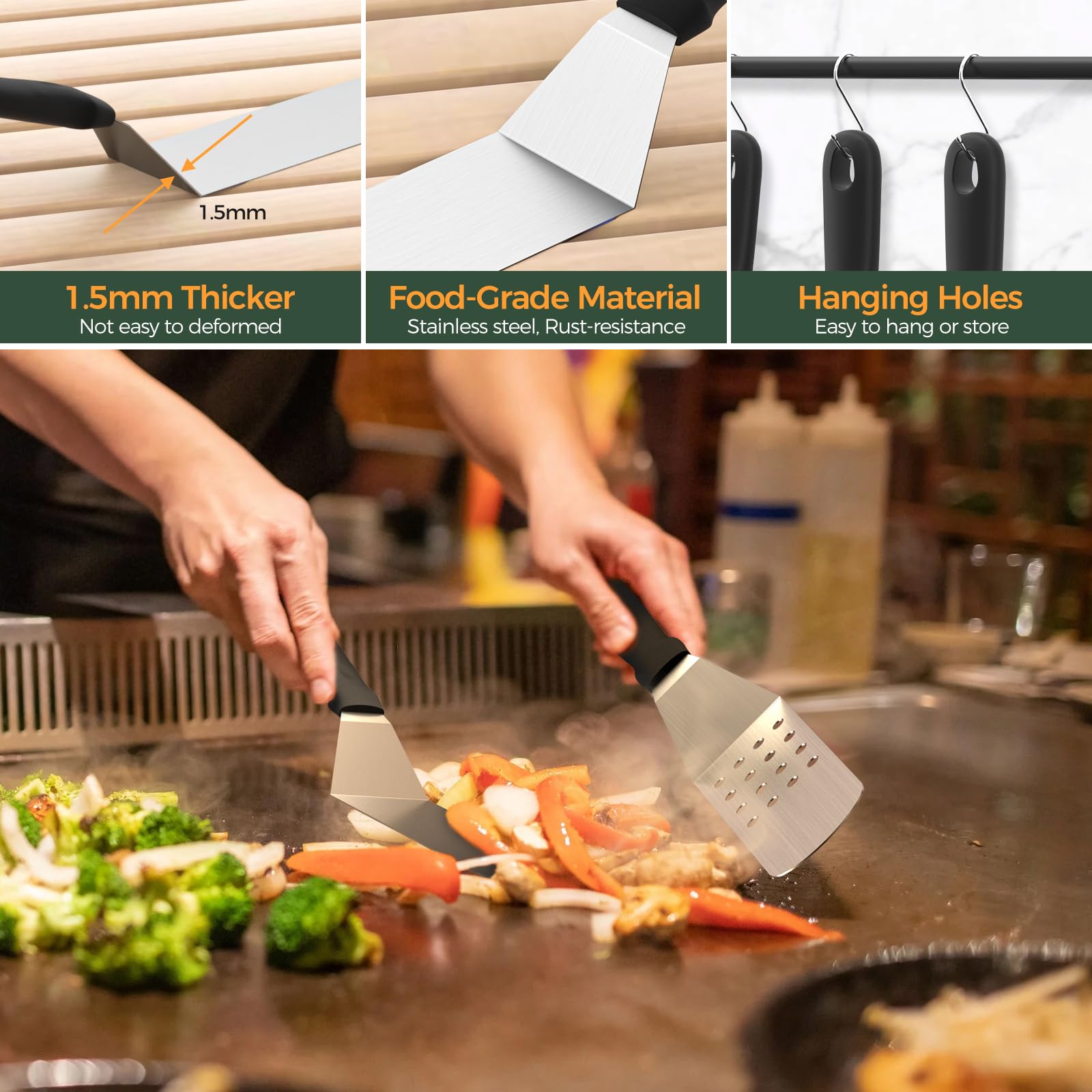 Likaney griddle press detail showing heavy plate for improved sear and faster cooking
