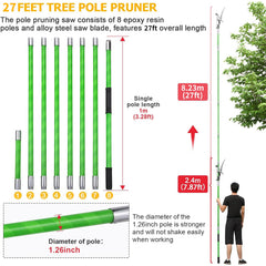 Likeem fully extended pole pruner in garden demonstrating long reach benefit