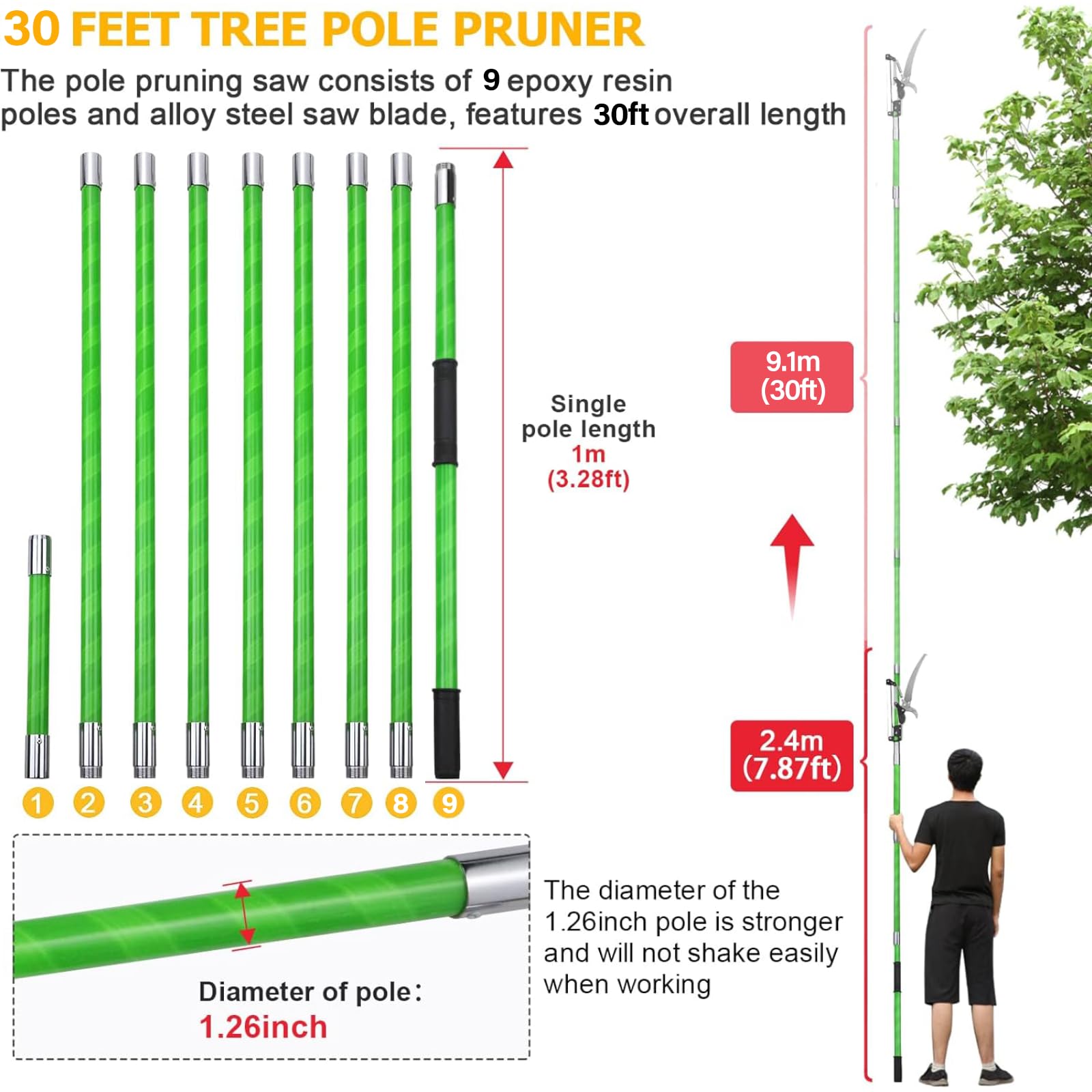 Likeem extended pole in use trimming a high branch for safer pruning