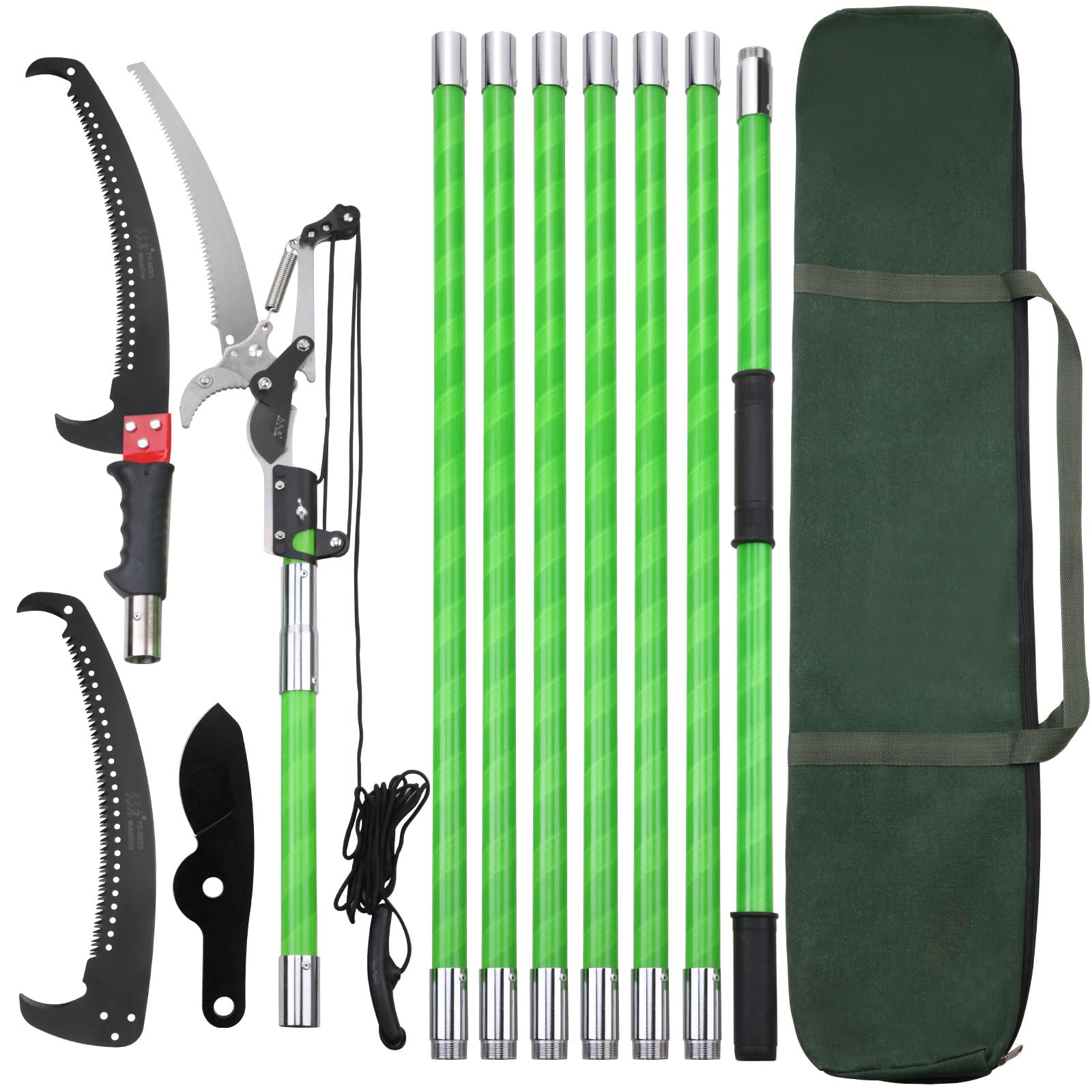 Likeem front view of full pole pruner showing compact head and pole benefit safe reach