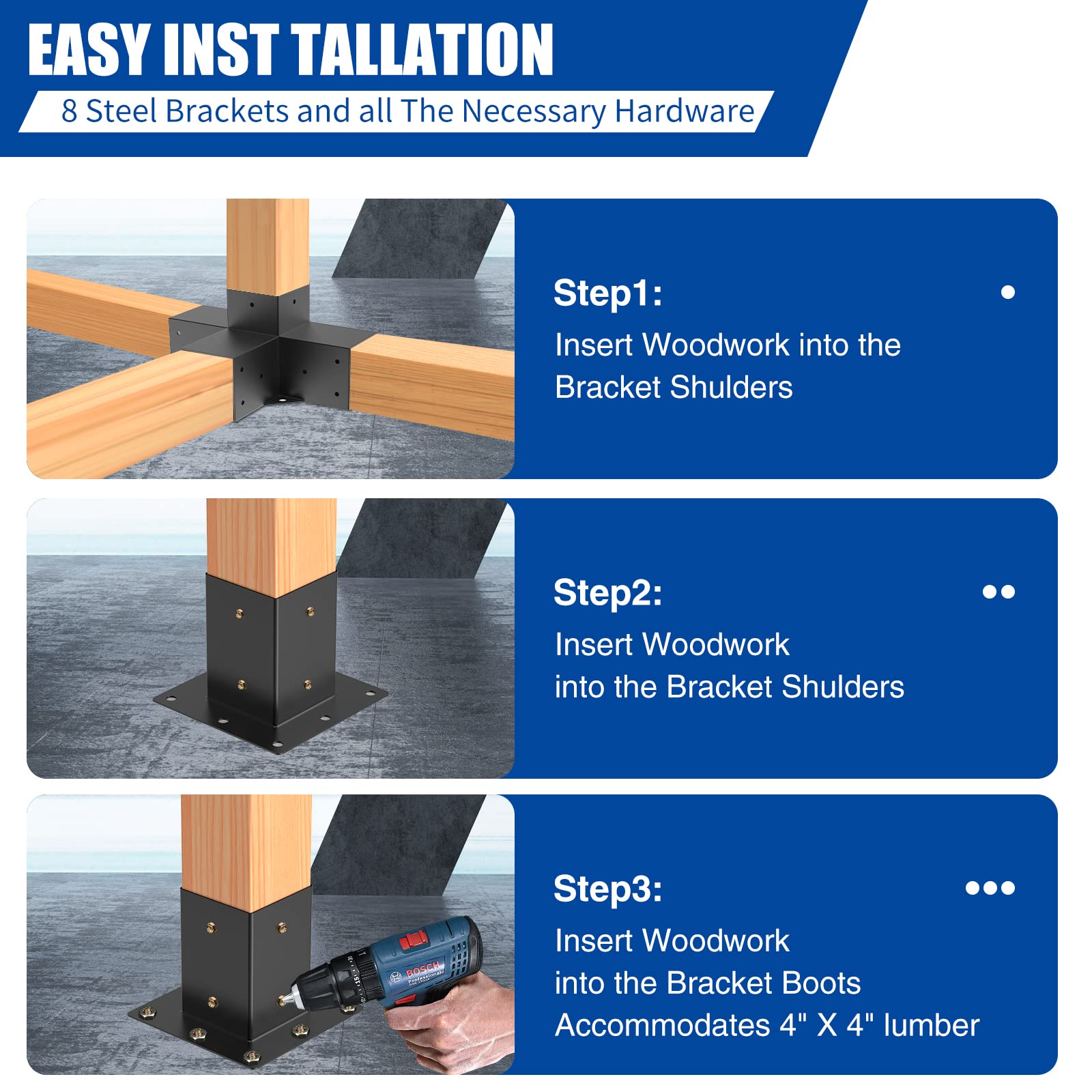 Likeem brackets installed on deck posts demonstrating secure anchoring benefit.