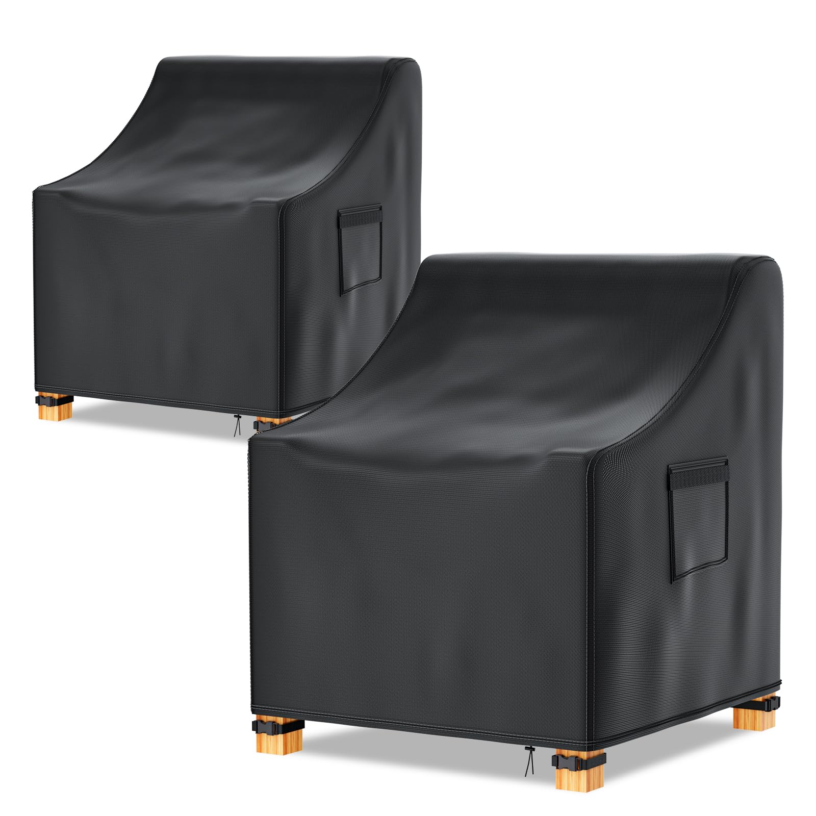 Likorlove front view of two black covers protecting chairs, weather protection visible