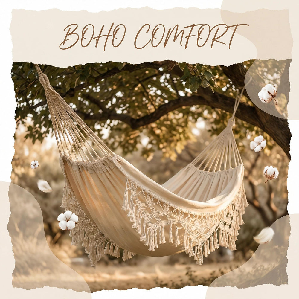 LILANYA hammock hung between trees showing easy outdoor setup and shade