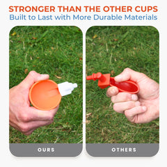 Lil'Clucker cup in use with chicken drinking, reducing spillage